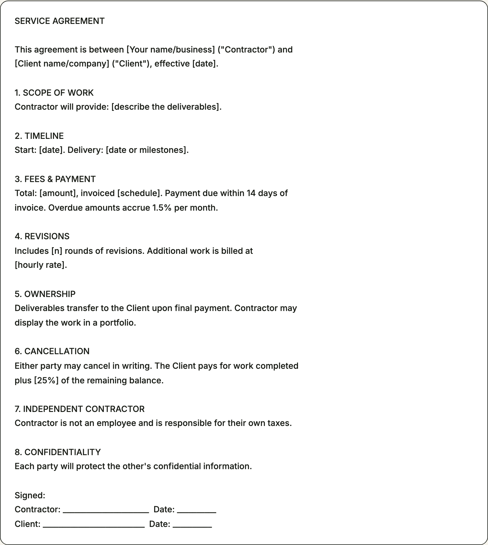 Free freelance contract template — plain-English service agreement covering scope, fees, revisions, ownership, and late payments