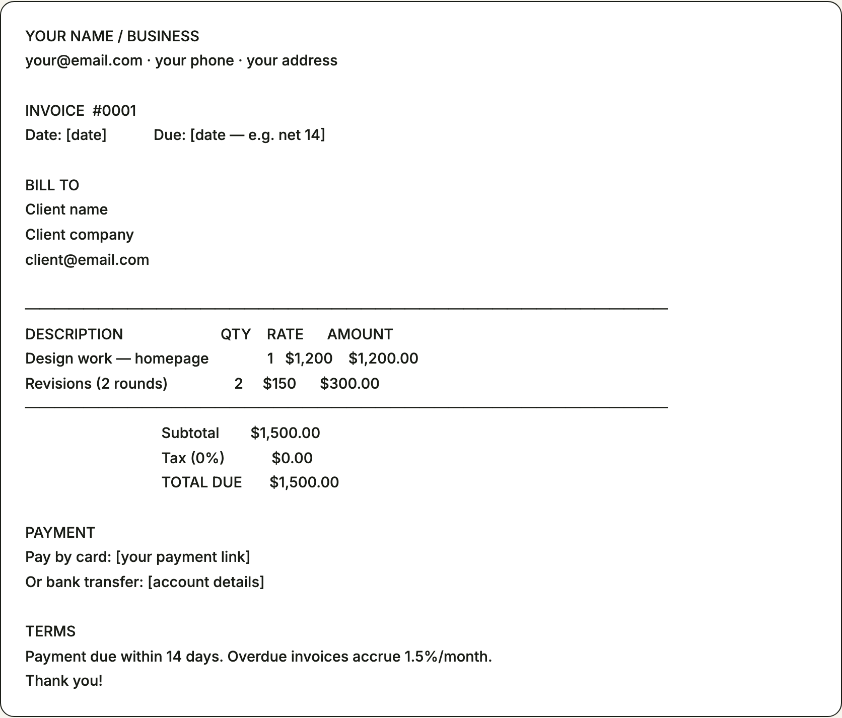 Free freelance invoice template — printable example with bill-to, line items, totals, and payment terms