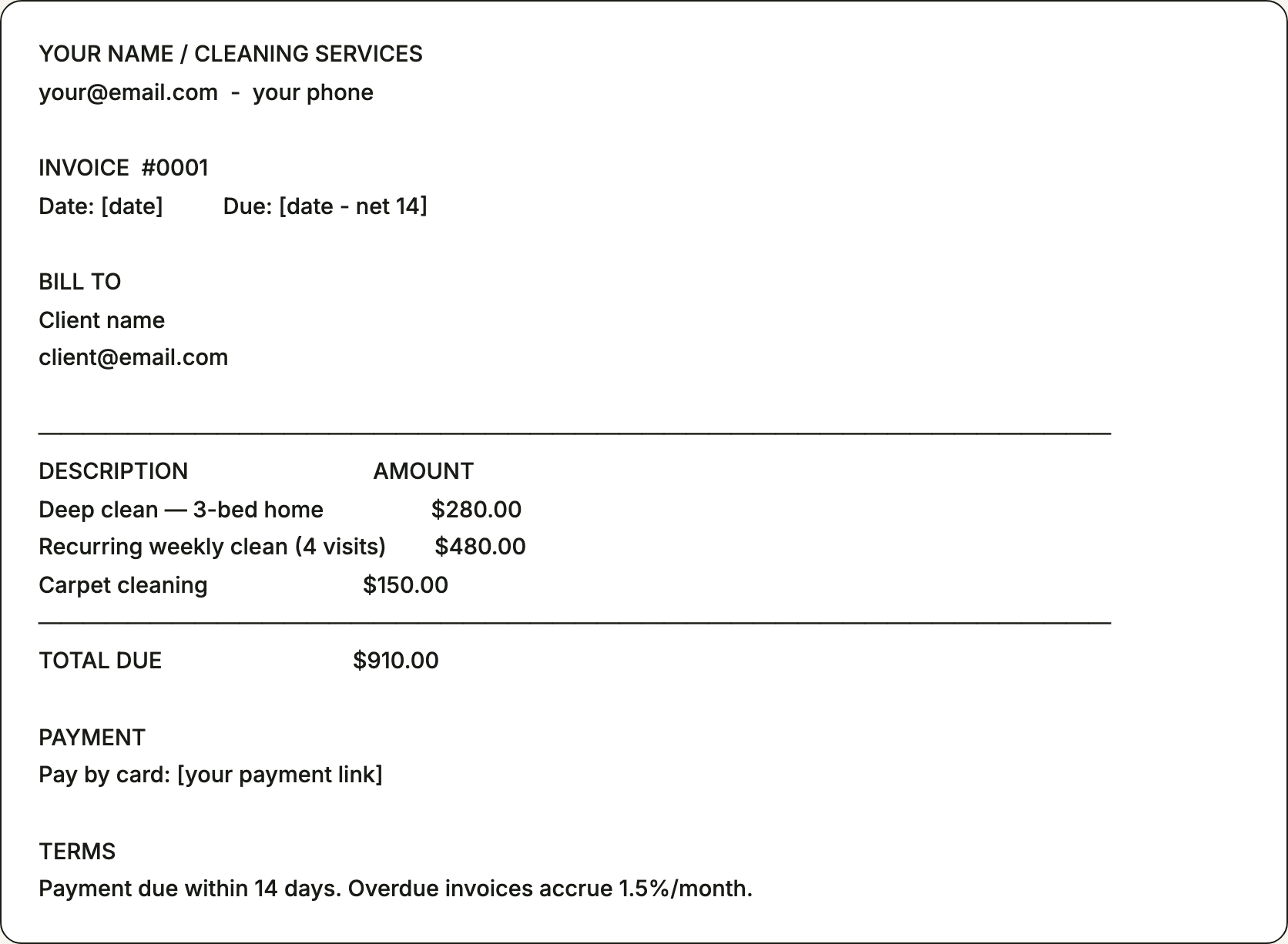 Free invoice template for cleaners — printable example pre-filled with the line items cleaners bill for