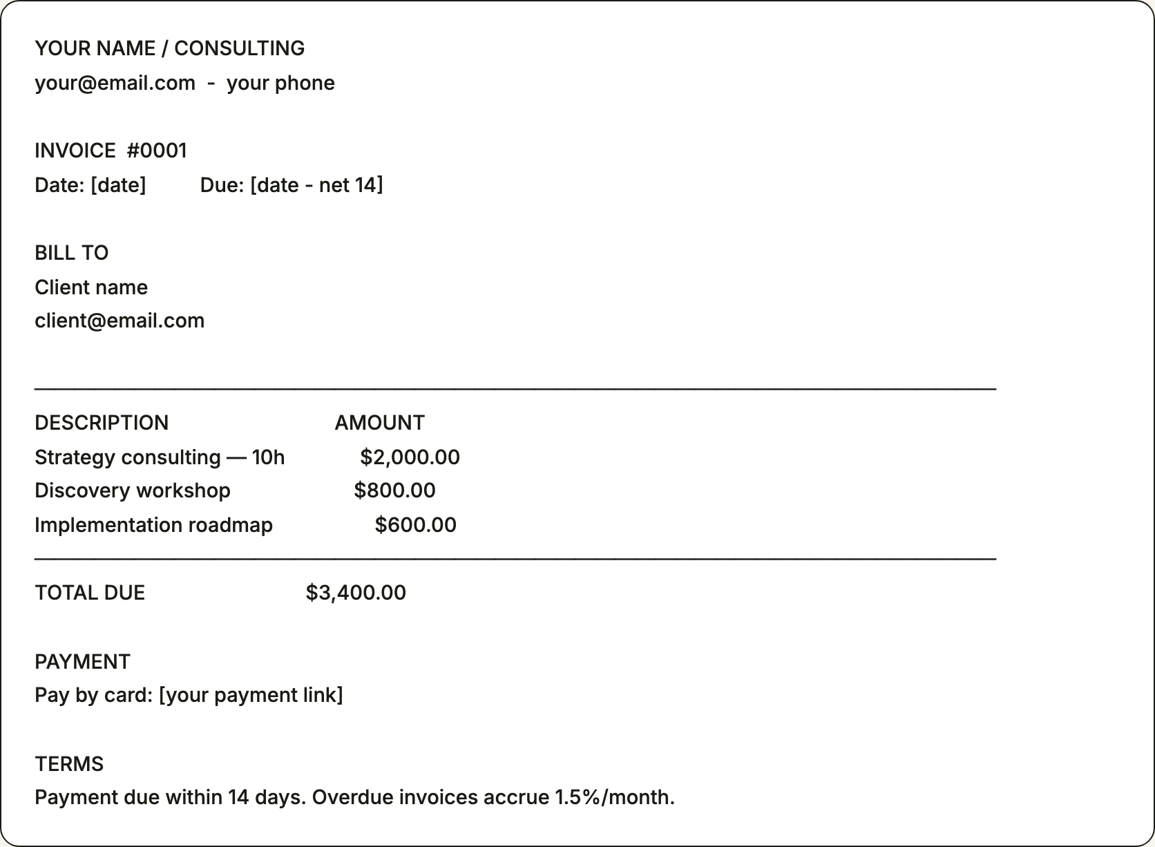 Free invoice template for consultants — printable example pre-filled with the line items consultants bill for