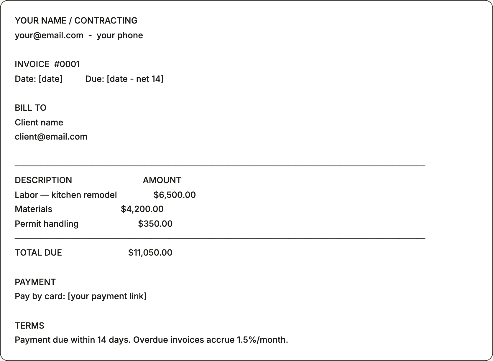Free invoice template for contractors — printable example pre-filled with the line items contractors bill for