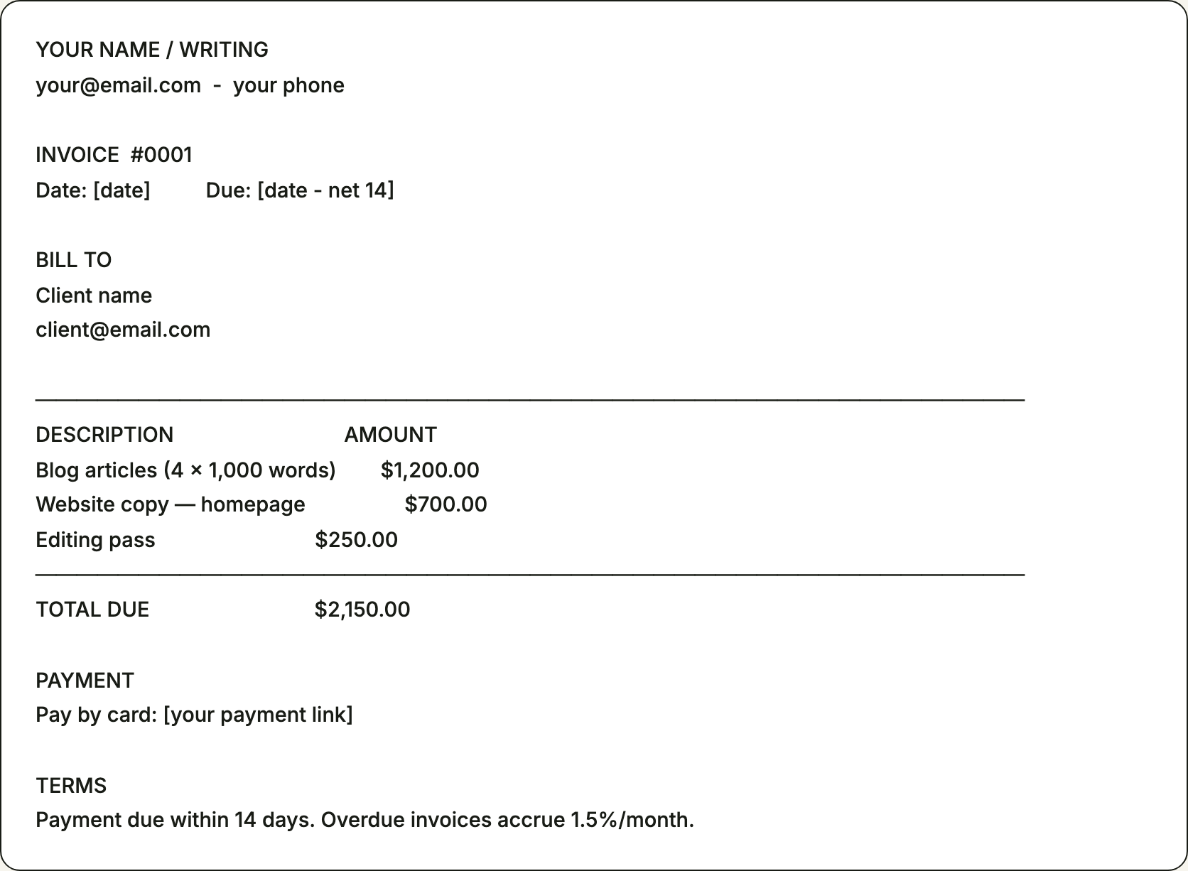 Free invoice template for freelance writers — printable example pre-filled with the line items freelance writers bill for
