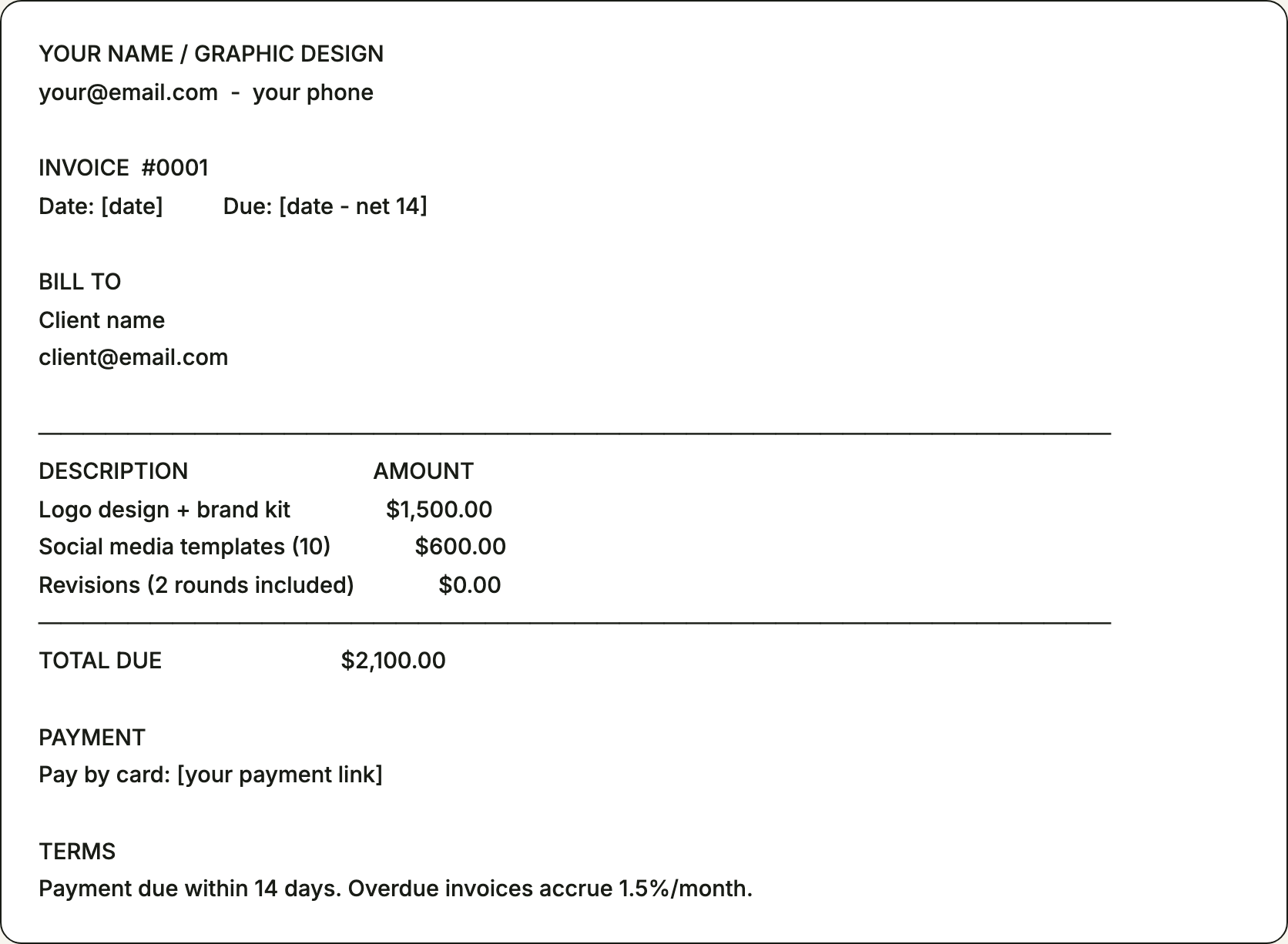 Free invoice template for graphic designers — printable example pre-filled with the line items graphic designers bill for