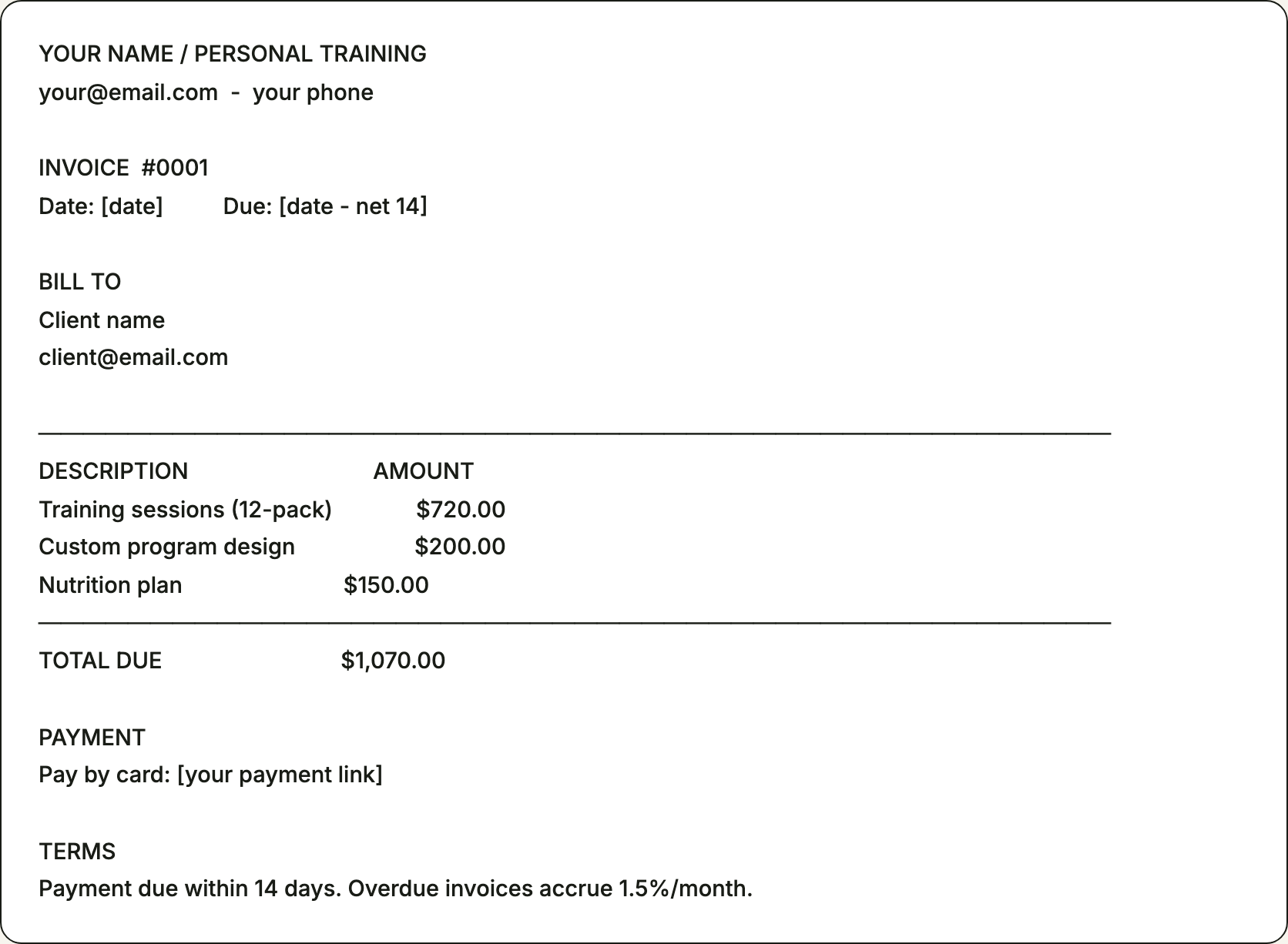 Free invoice template for personal trainers — printable example pre-filled with the line items personal trainers bill for