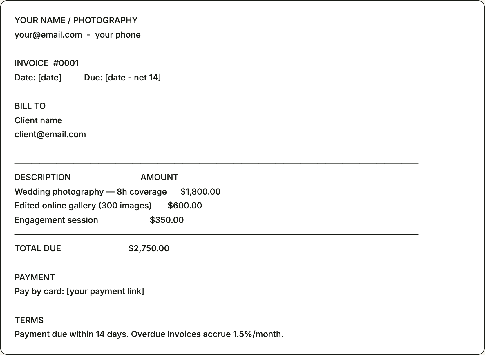 Free invoice template for photographers — printable example pre-filled with the line items photographers bill for