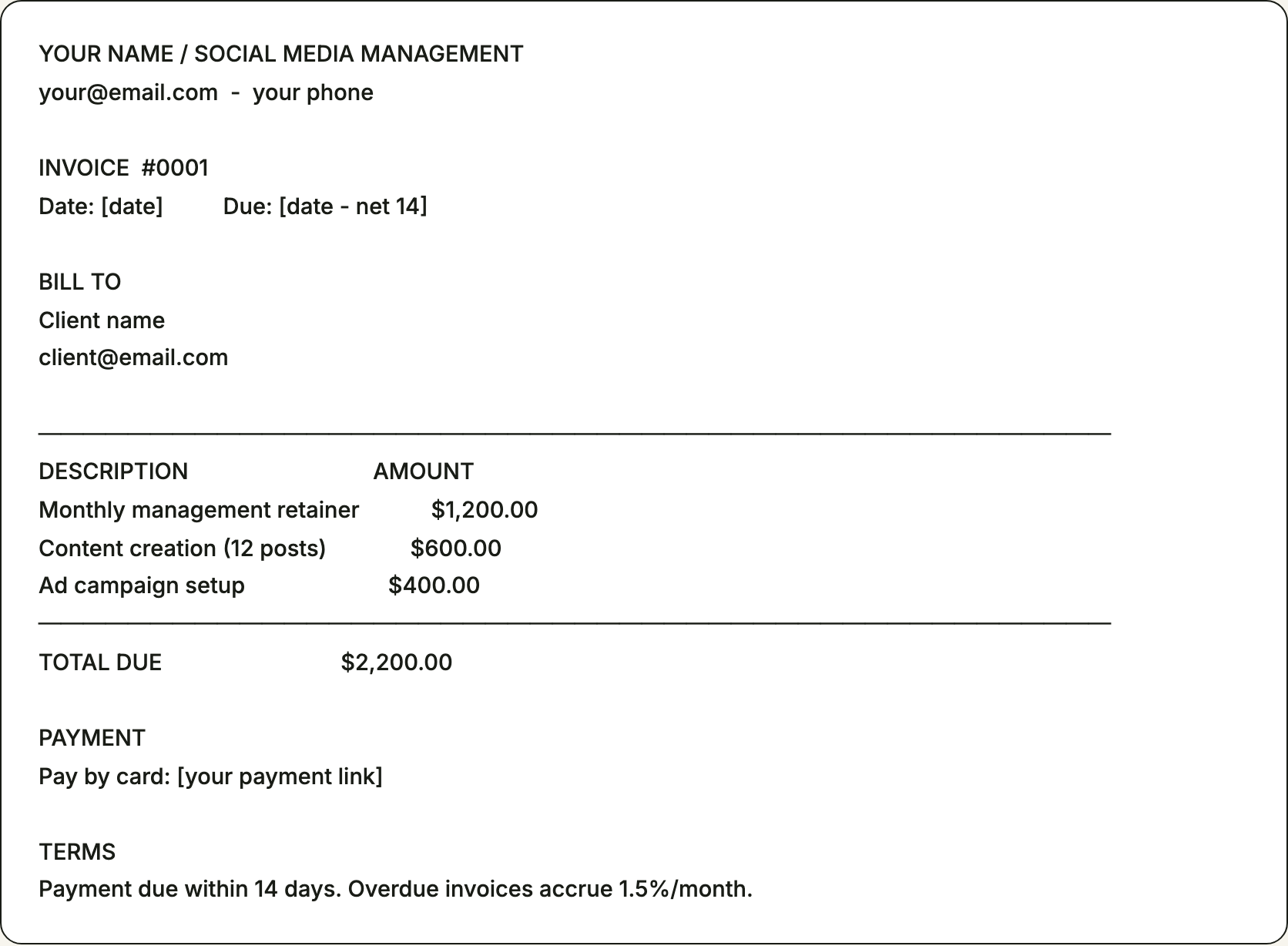 Free invoice template for social media managers — printable example pre-filled with the line items social media managers bill for