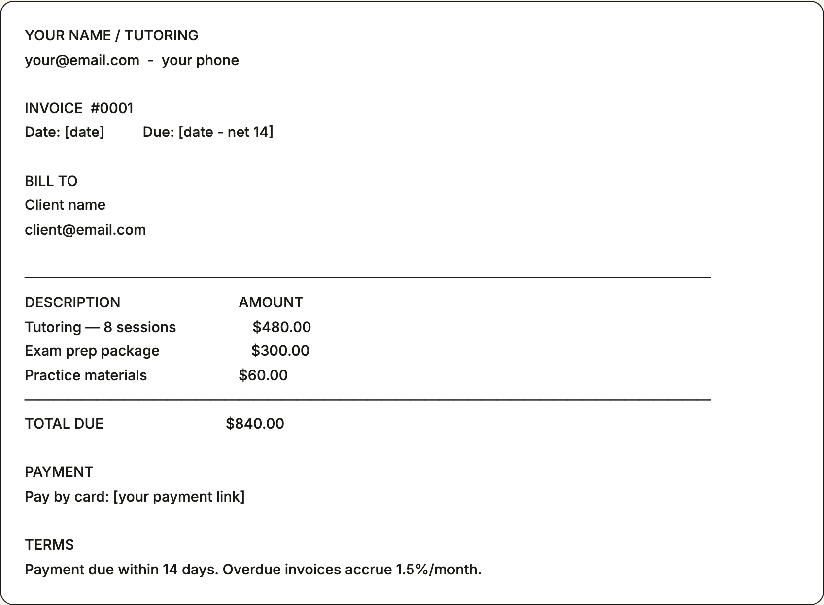 Free invoice template for tutors — printable example pre-filled with the line items tutors bill for