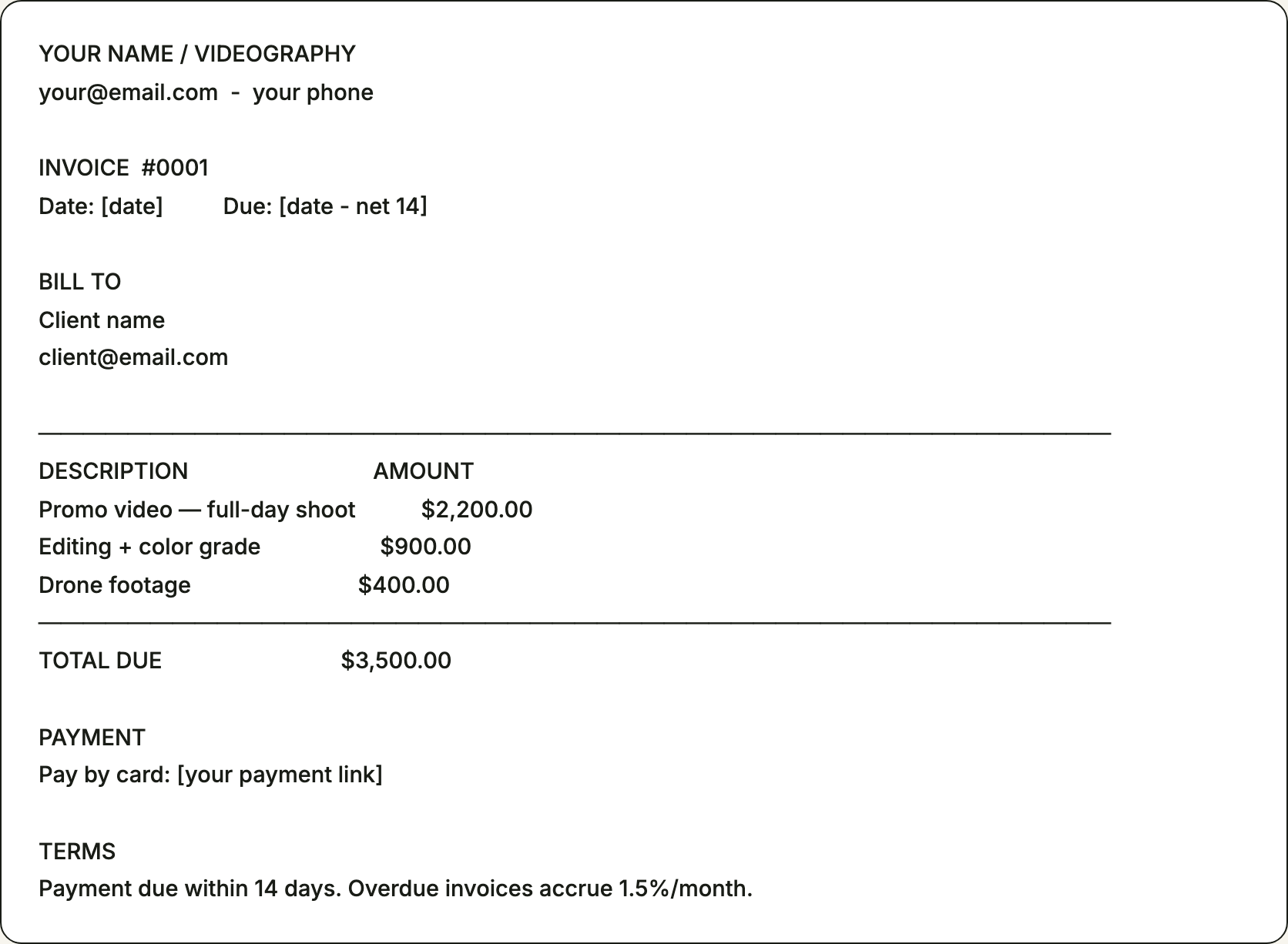 Free invoice template for videographers — printable example pre-filled with the line items videographers bill for