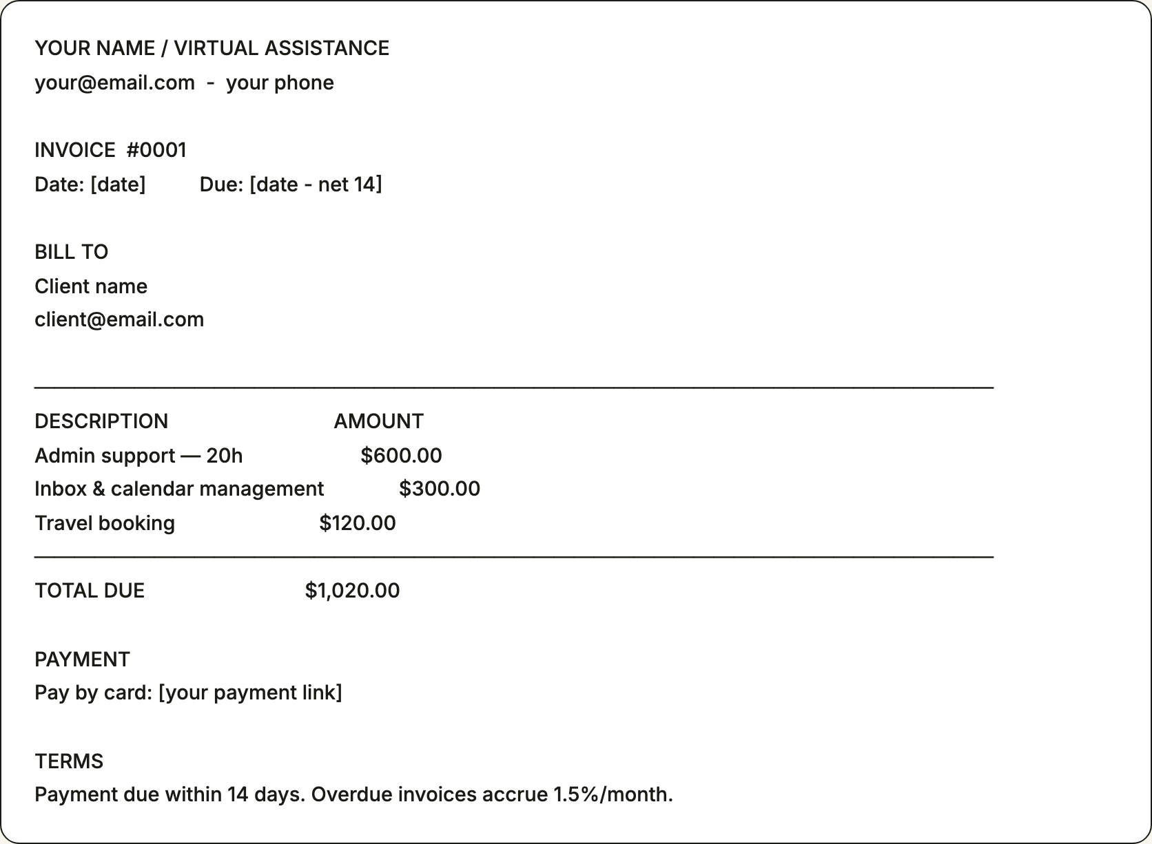 Free invoice template for virtual assistants — printable example pre-filled with the line items virtual assistants bill for