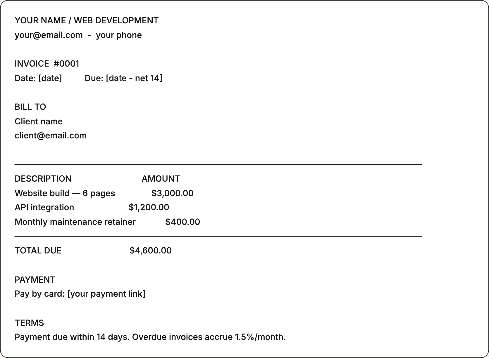 Free invoice template for web developers — printable example pre-filled with the line items web developers bill for